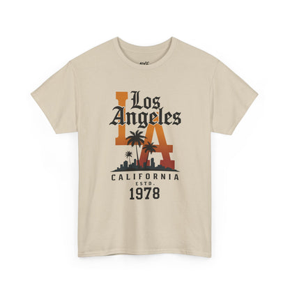 Beige t-shirt with 'Los Angeles California Est. 1978' design on a white background