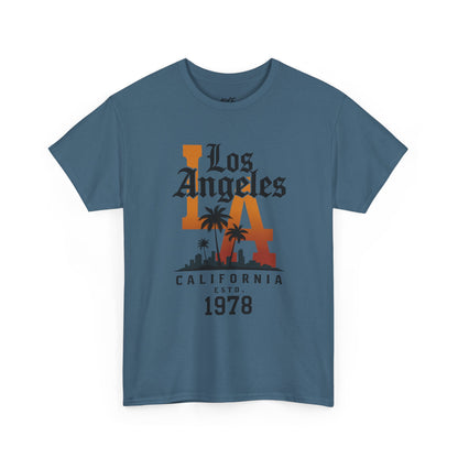 Blue t-shirt with 'Los Angeles California Est. 1978' design on a white background