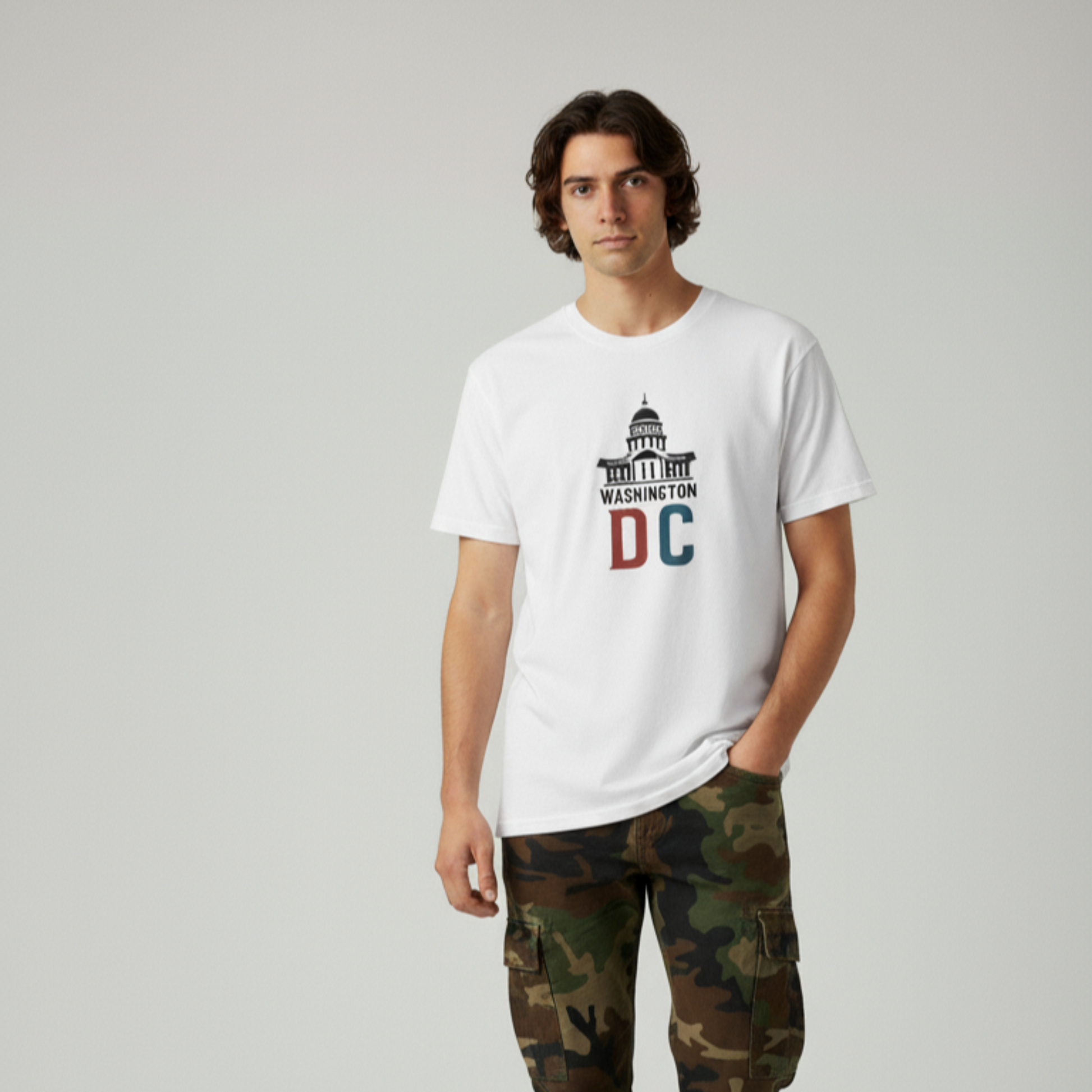 Person wearing a white t-shirt with a logo and camouflage pants on a light gray background