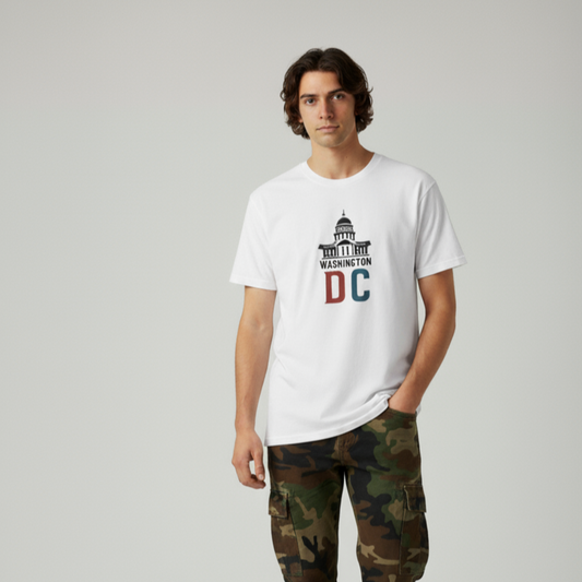 Person wearing a white t-shirt with a logo and camouflage pants on a light gray background