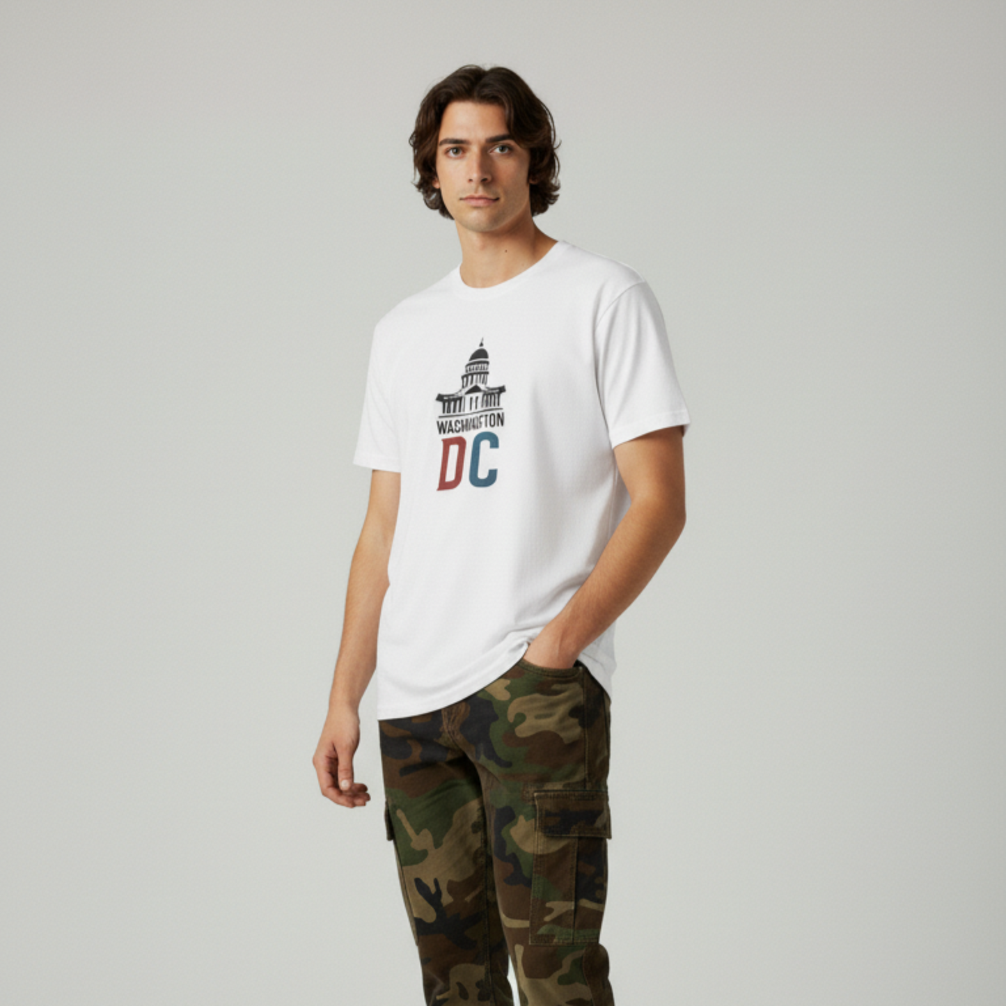 Person wearing a white t-shirt with a logo and camouflage pants on a gray background