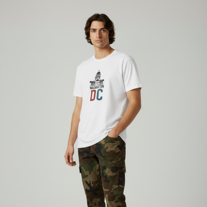 Person wearing a white t-shirt with a logo and camouflage pants on a gray background