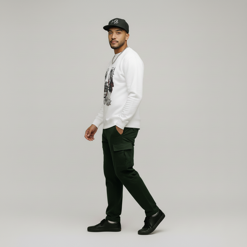 Man wearing a white sweatshirt, black cap, and dark pants on a gray background