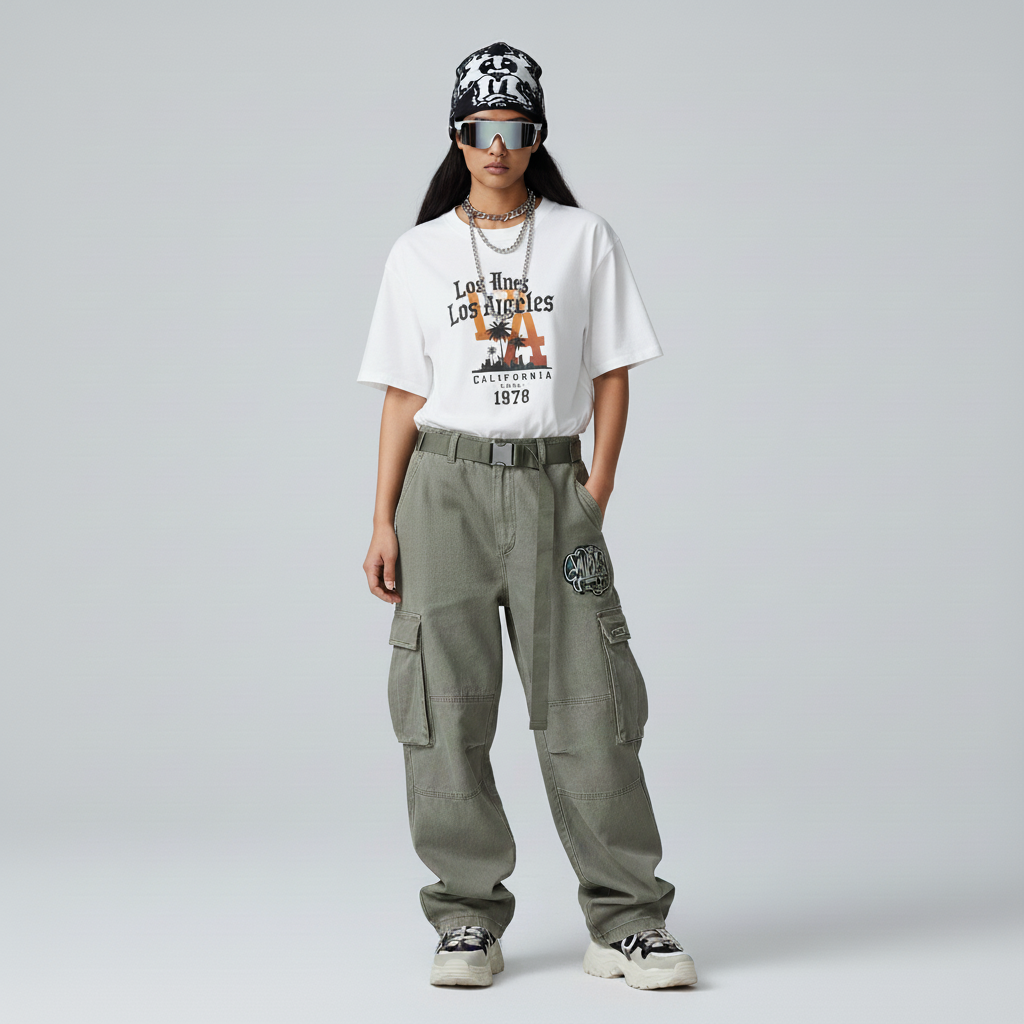 Person wearing a white t-shirt with text and graphics, green cargo pants, and a black and white cap on a gray background