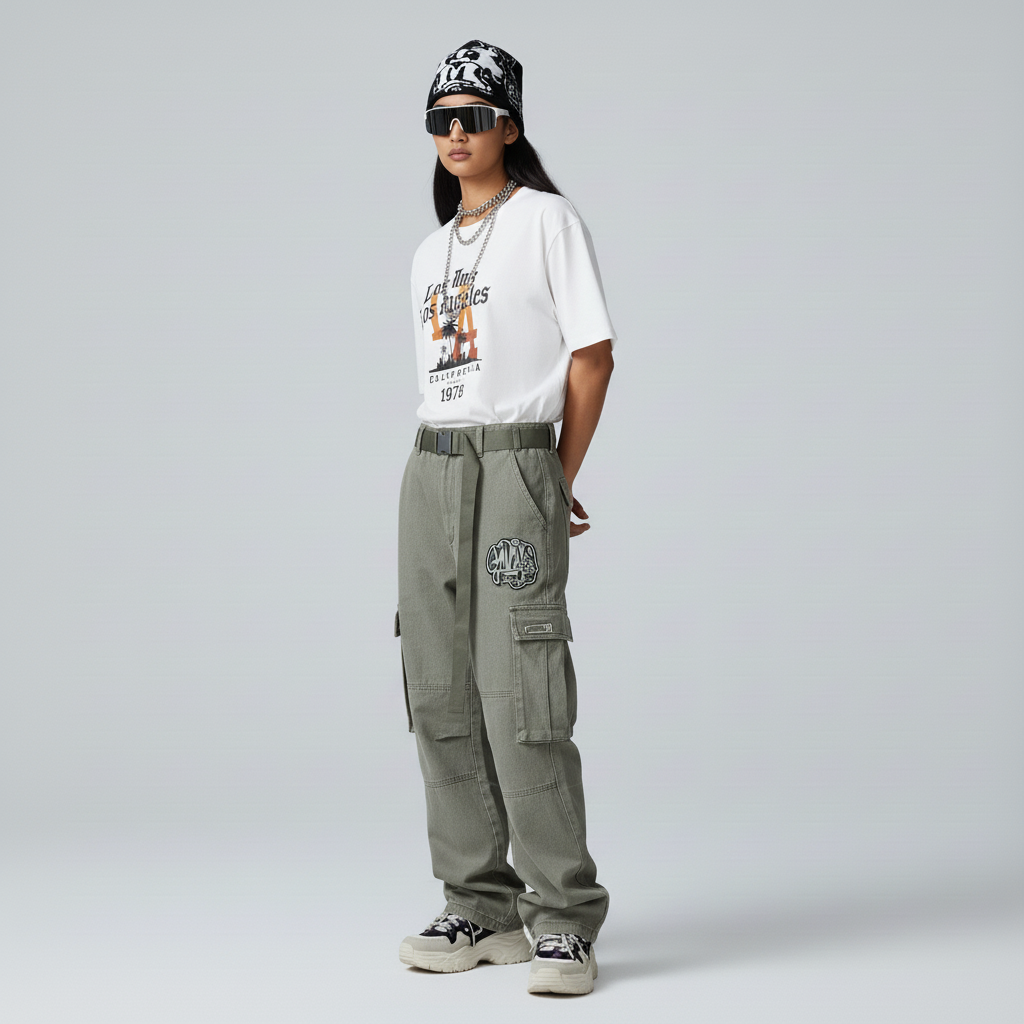 Person wearing a white graphic t-shirt, green cargo pants, and a black cap on a gray background