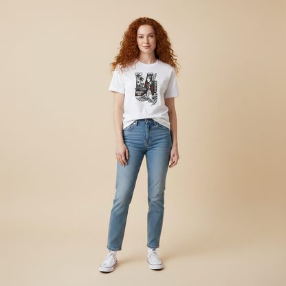 Person wearing a white t-shirt with a graphic design and blue jeans on a beige background
