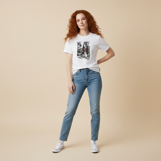 Woman wearing a white t-shirt with a graphic design and blue jeans on a beige background