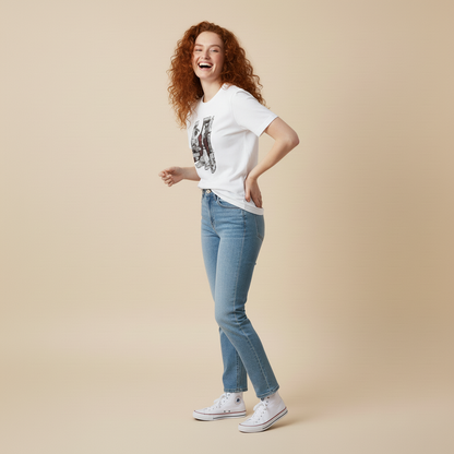Woman wearing a white t-shirt and blue jeans on a beige background