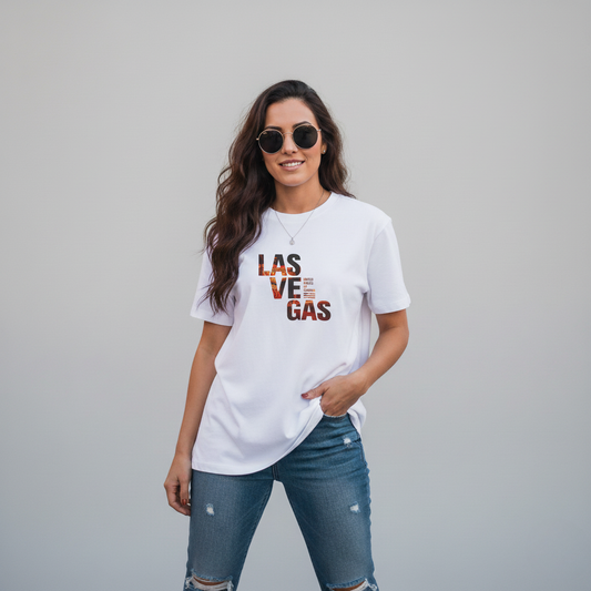 Woman wearing a white t-shirt with 'LAS VEGAS' text, sunglasses, and ripped jeans on a gray background