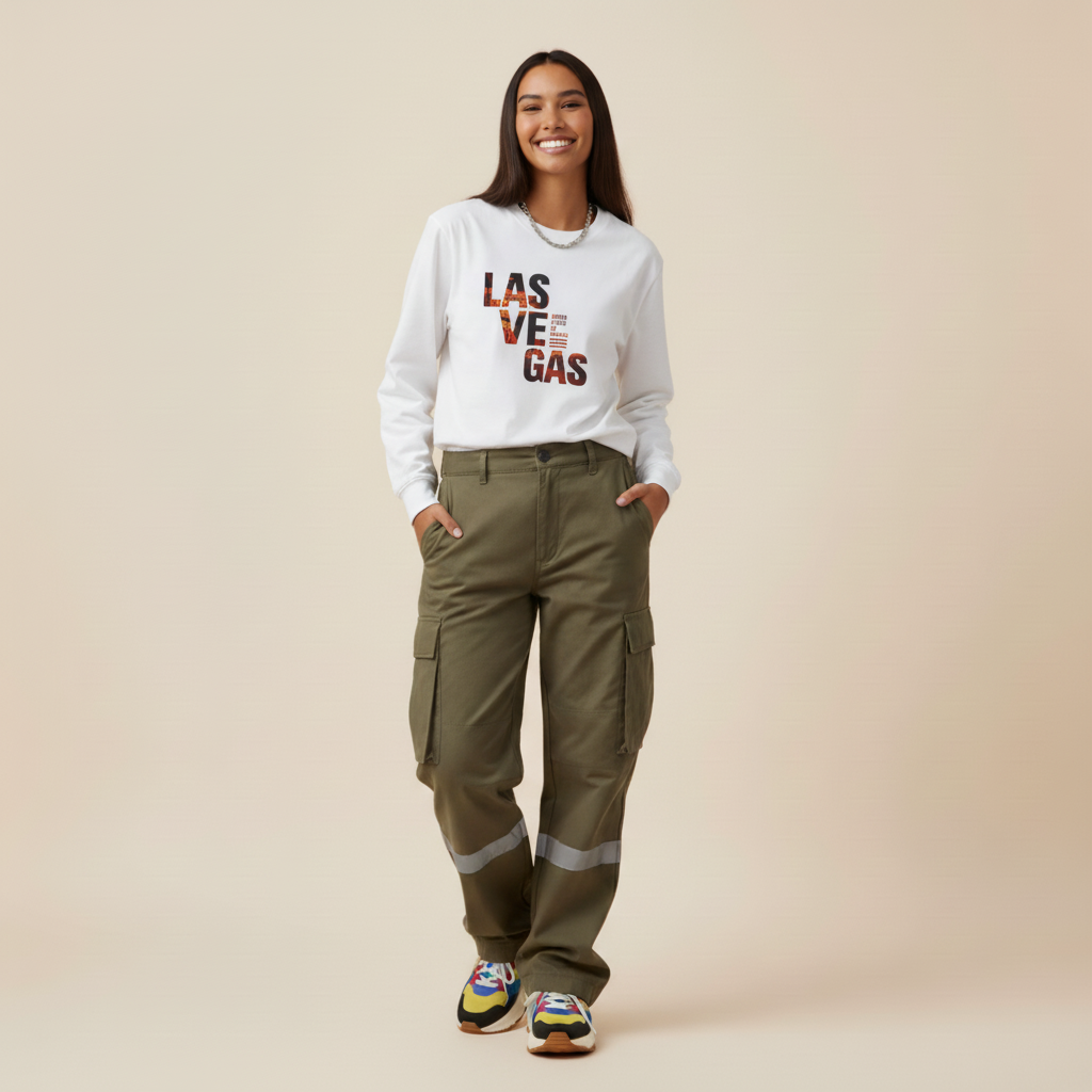Woman wearing a white sweatshirt with 'LAS VEGAS' text and green cargo pants on a beige background