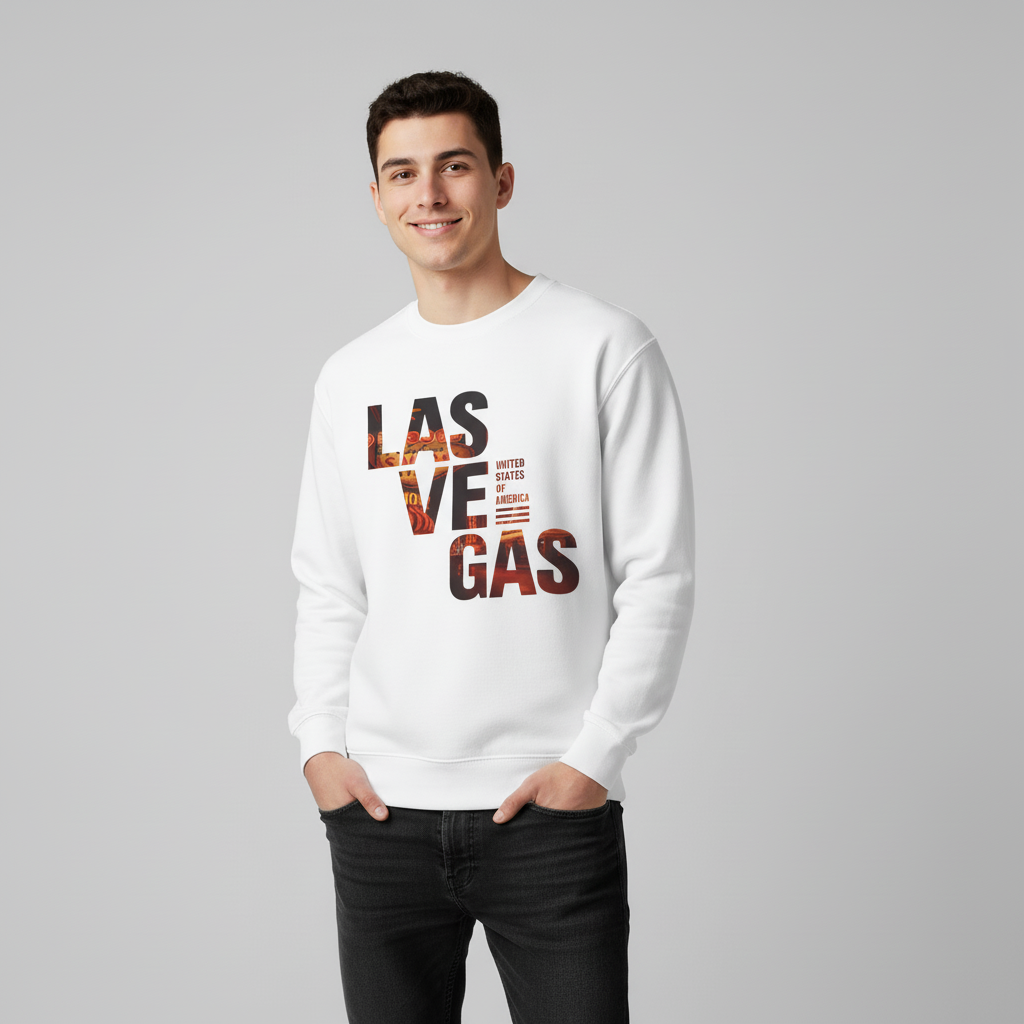 Person wearing a white sweatshirt with 'LAS VEGAS' text on a gray background