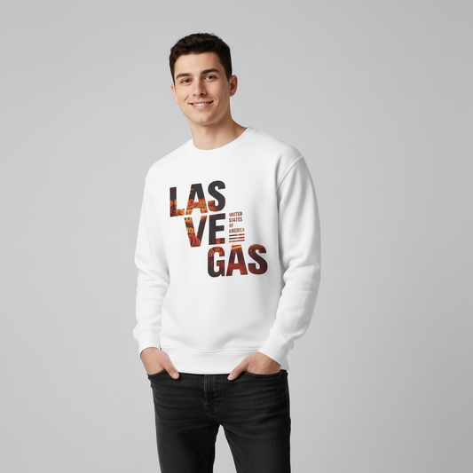 Person wearing a white sweatshirt with 'LAS VEGAS' text on a gray background