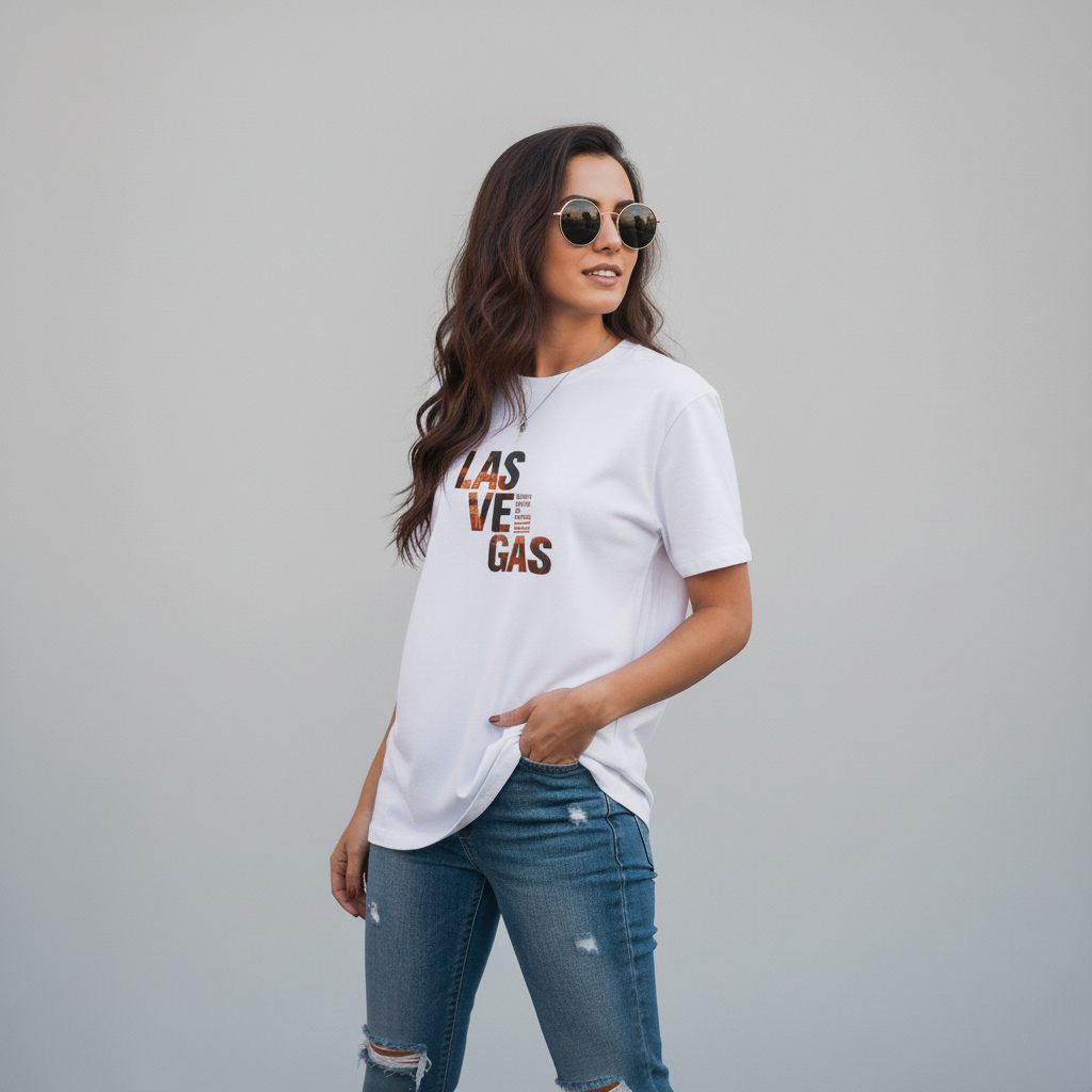 Woman wearing a white t-shirt with 'Las Vegas' text and blue jeans on a gray background
