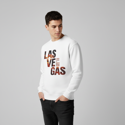 Person wearing a white sweatshirt with 'LAS VEGAS' text on a gray background