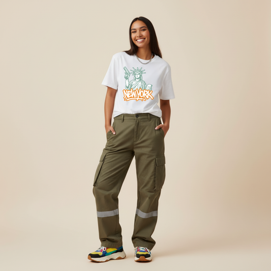 Person wearing a white t-shirt with a graphic design and green cargo pants on a beige background