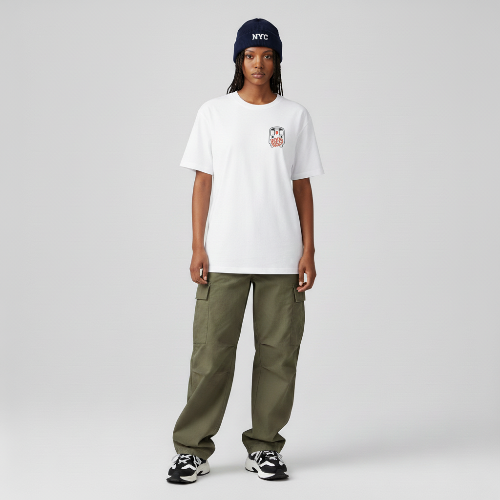 Person wearing a white t-shirt with a logo, green pants, and a navy beanie with 'NYC' on a gray background