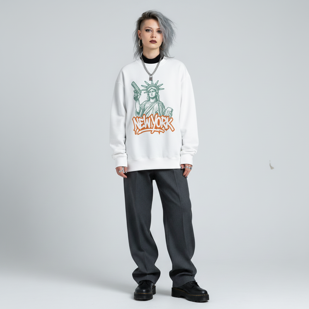 Person wearing a white sweatshirt with a graphic design on a plain background
