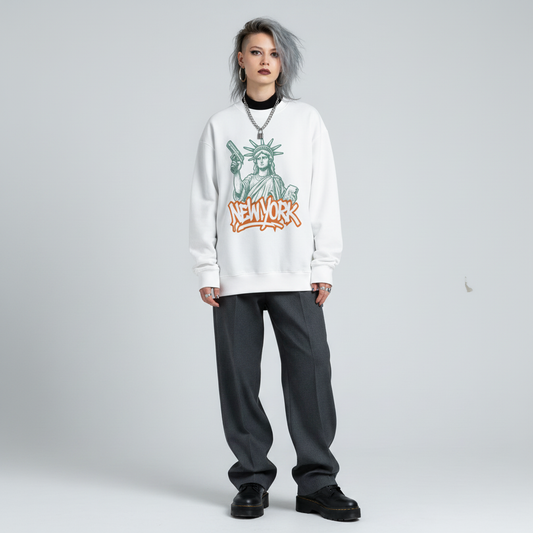 Person wearing a white sweatshirt with a graphic design on a plain background