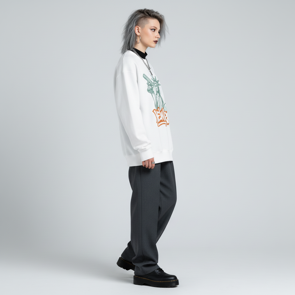Person wearing a white sweatshirt with a graphic design on a plain background