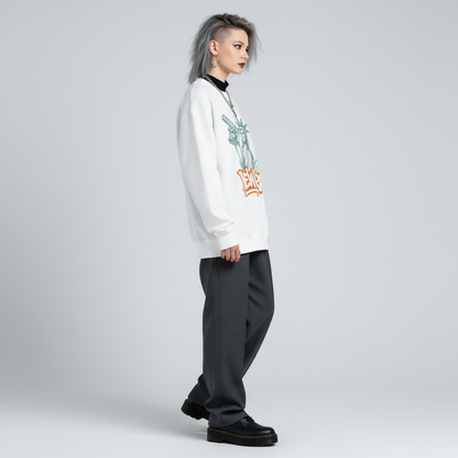 Person wearing a white sweatshirt with a graphic design on a plain background