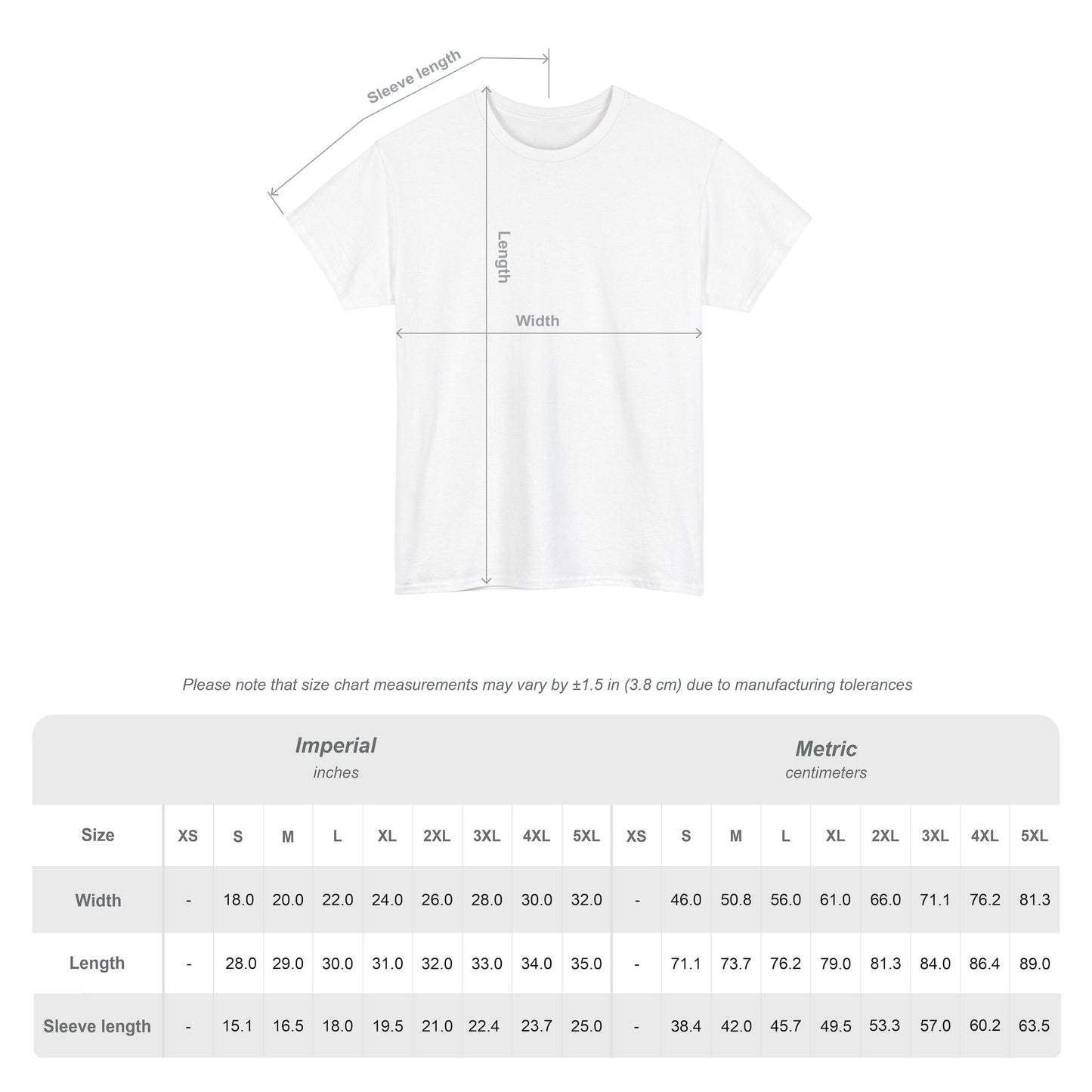 White t-shirt with measurement chart on a white background
