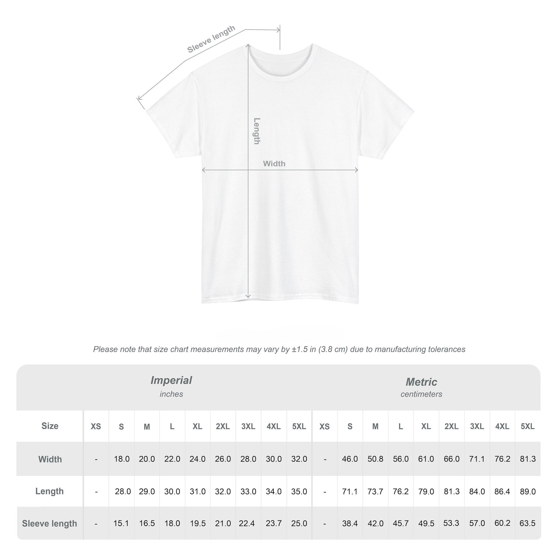 White t-shirt with measurement chart on a white background
