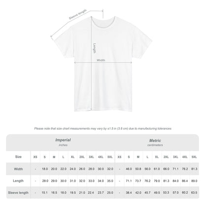 White t-shirt with measurement chart on a white background