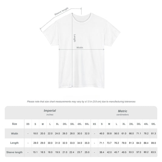 White t-shirt with measurement chart on a white background