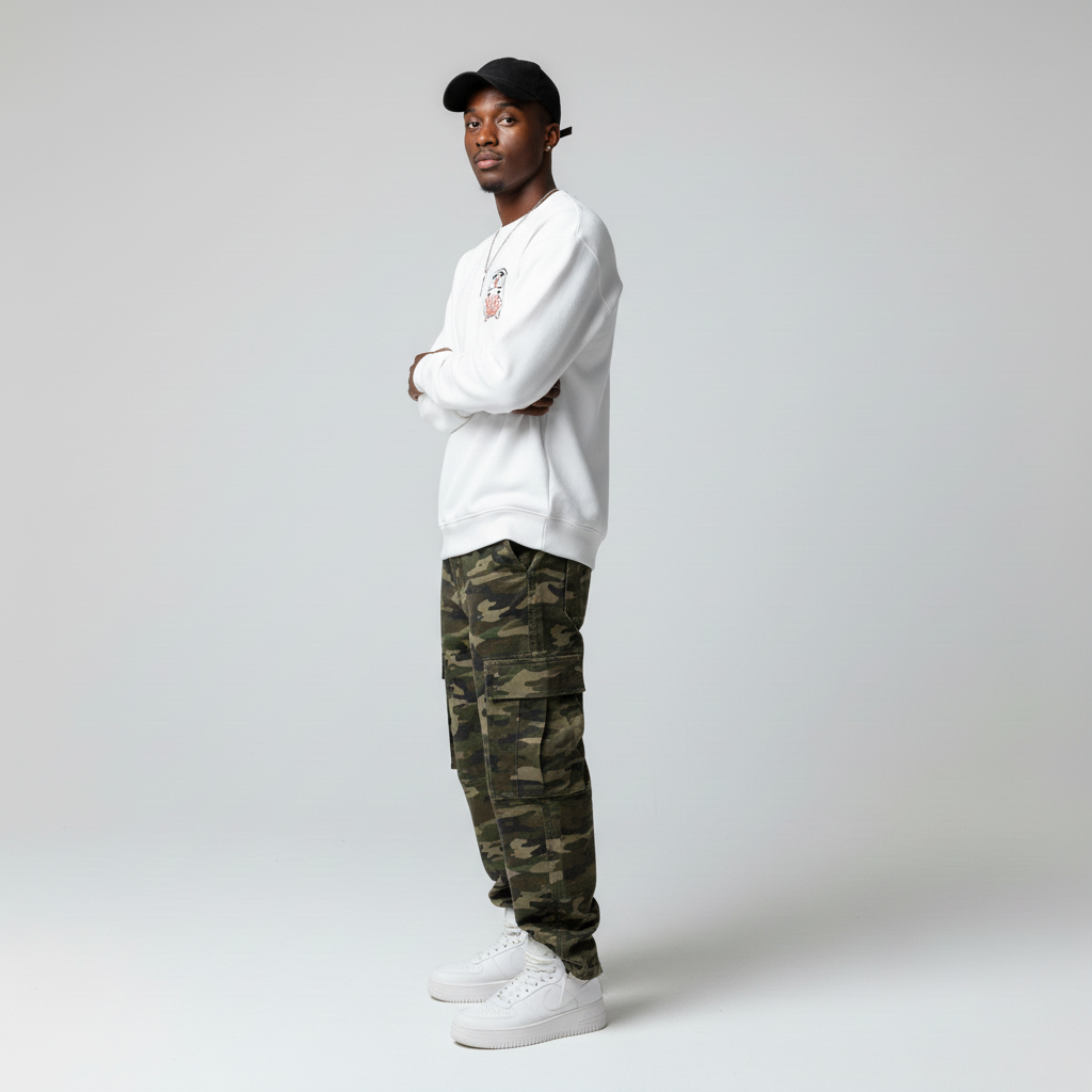 Person wearing a white sweatshirt, black cap, and camouflage pants on a plain background