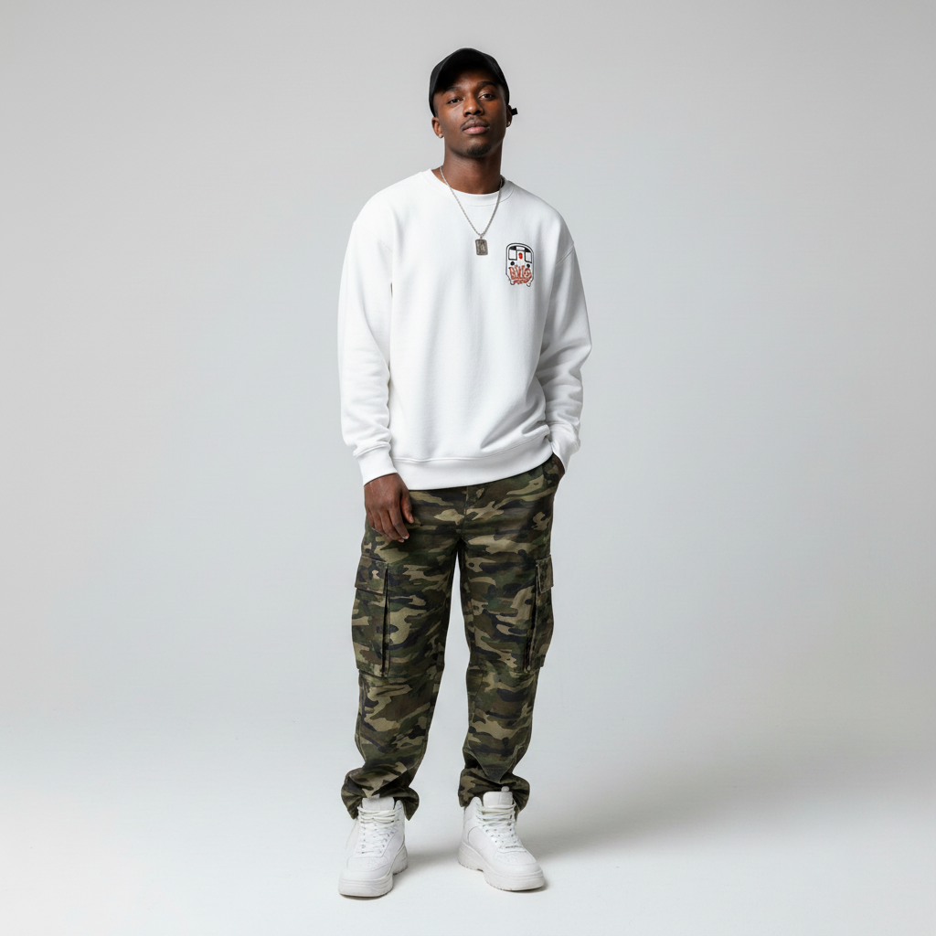 Person wearing a white sweatshirt with a logo and camouflage pants on a plain background