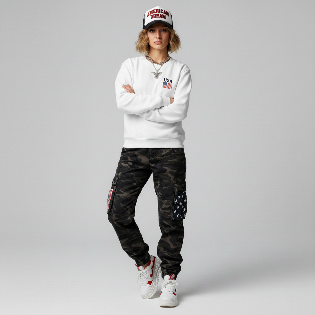 Person wearing a white sweatshirt with 'American Dream' cap and camouflage pants on a gray background