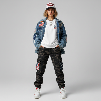 Person wearing a denim jacket, white t-shirt, camouflage pants, and white sneakers with American Dream cap on gray background