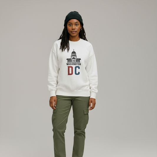 Person wearing a white sweatshirt with 'Washington DC' text and design on a gray background