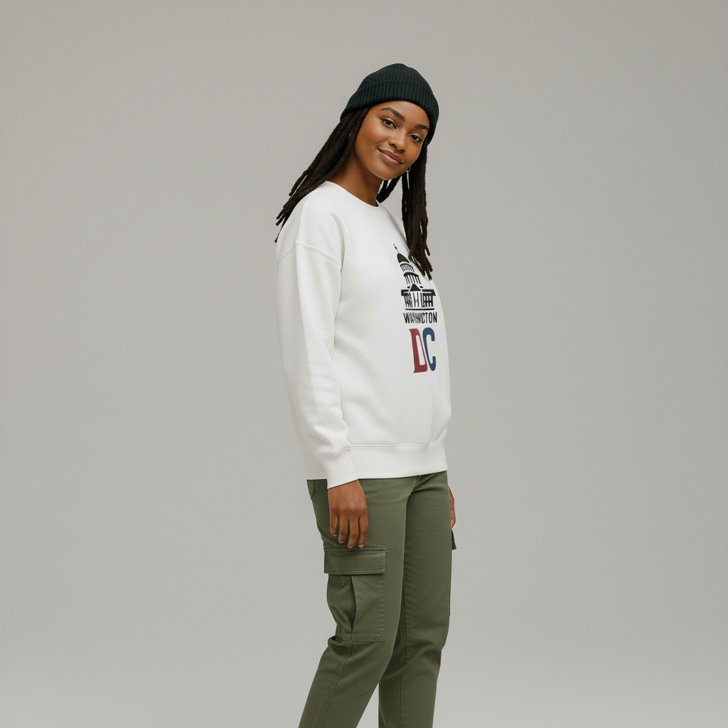 Person wearing a white sweatshirt with a logo and text, green pants, and a black beanie on a gray background