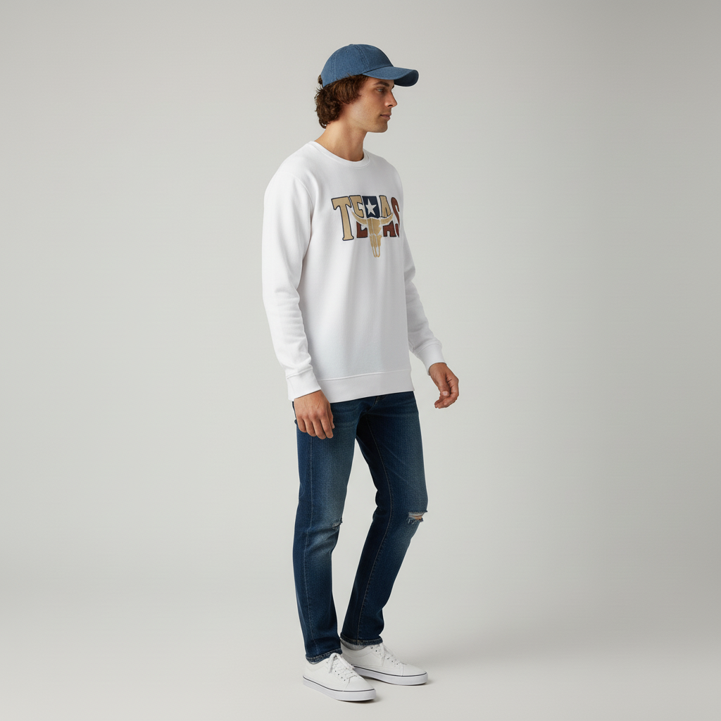 Person wearing a white sweatshirt with 'TEXAS' print, blue jeans, and a blue cap on a gray background